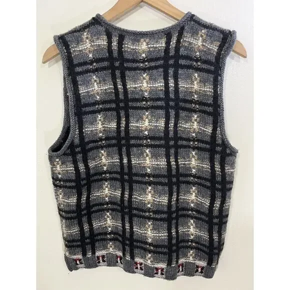 90s Cottagecore Grandma Wool Knit S Windowpane Plaid Vest Rustic Grunge Cozy Y2K - Picture 2 of 12